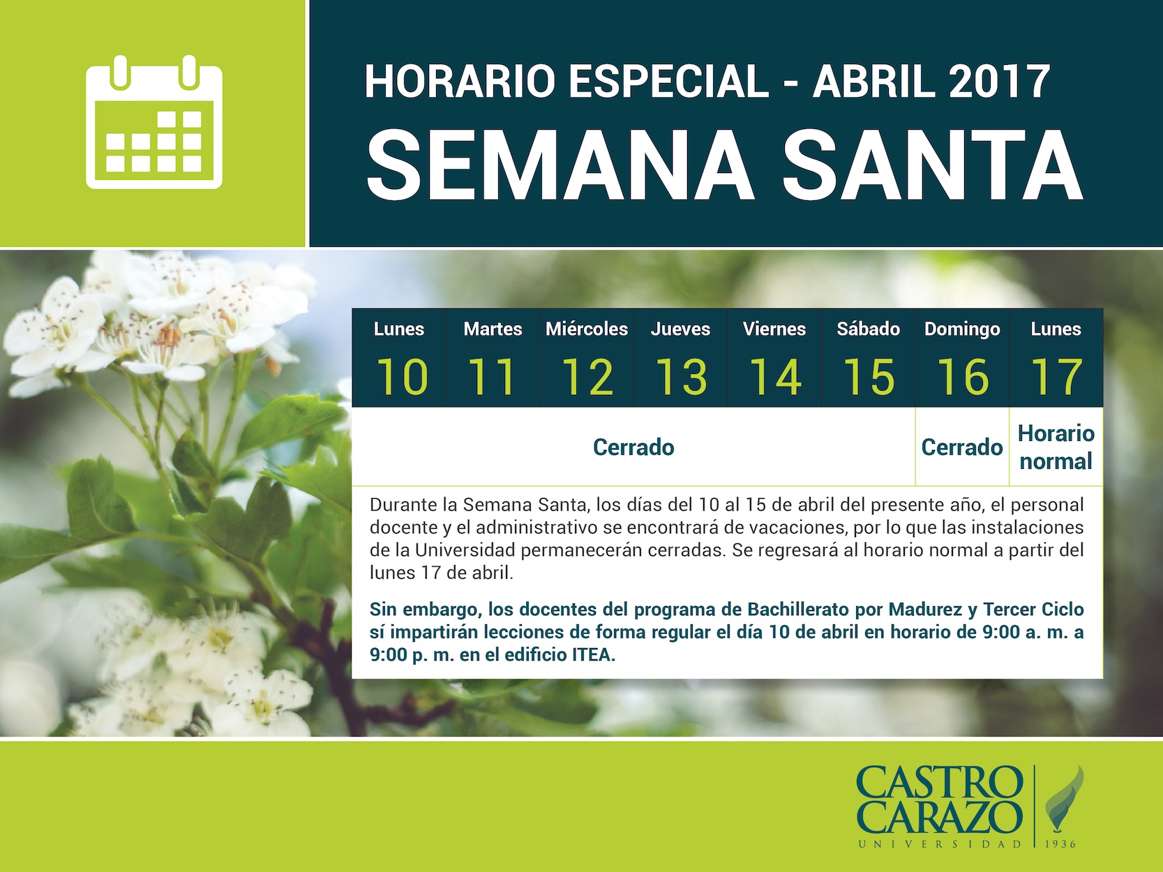 Horario Especial Semana Santa | Universidad Castro Carazo